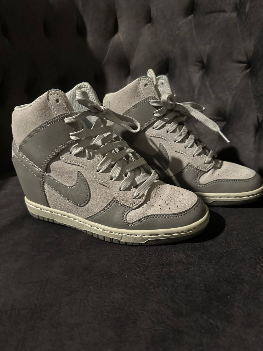 Nike Women’s Dunk Sky Hi Wedge Sneakers in Light Gray and Charcoal